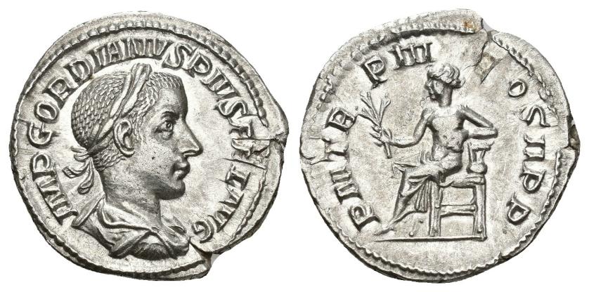 188   -  IMPERIO ROMANO. GORDIANO III. Denario. Roma (241-243). R/ Apolo sentado a izq. con rama y apoyado en lira; P M TR P III COS II P P. AR 2,78 g. 20 mm. RIC-114. Cospel abierto. EBC-. 