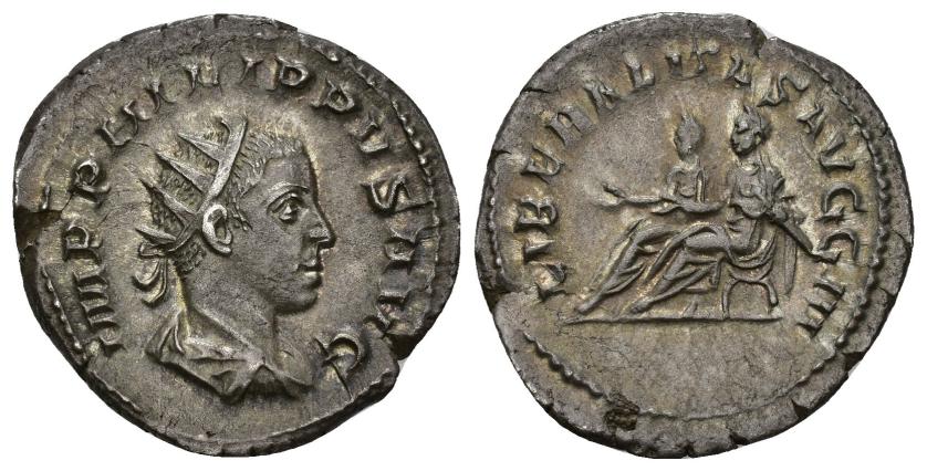 189   -  IMPERIO ROMANO. FILIPO II (bajo Filipo I). Antoniniano. Roma (247-249). R/ Filipo I y Filipo II sentados a izq.; LIBERALITAS AVGG III. VE 3,79 g. 23,4 mm. RIC-230. EBC-. Ex CNG-E-Auction 83 (2004), lote 220.