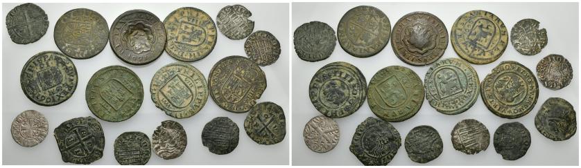 233   -  FELIPE III. Lote de 16 piezaS: 9 vellones medievales y 7 monedas de 8 y 16 maravedís de Felipe III a Felipe V. De BC+ a MBC.