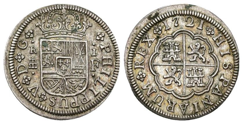 243   -  FELIPE V. Real. 1721. Segovia. F. AR 3,36 g. 20,3 mm. VI-528. Pequeñas oxidaciones. EBC-.