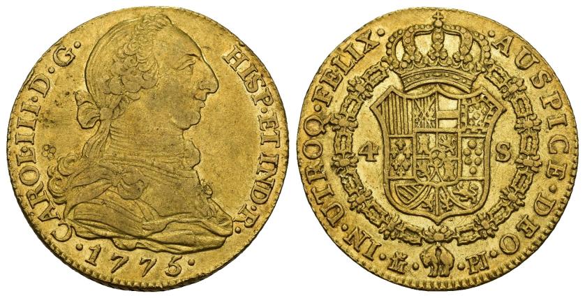 251   -  CARLOS III. 4 escudos. 1775. Madrid. PJ. Resello flor en anv. AR 13,44 g. 28,9 mm. VI-1460. Pequeñas marcas. R.B.O. MBC/MBC+. 