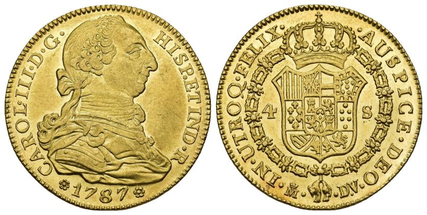 252   -  CARLOS III. 4 escudos. 1787. Madrid. DV. AU 13,48 g. 29,2 mm. VI-1471. B.O. EBC+/SC.