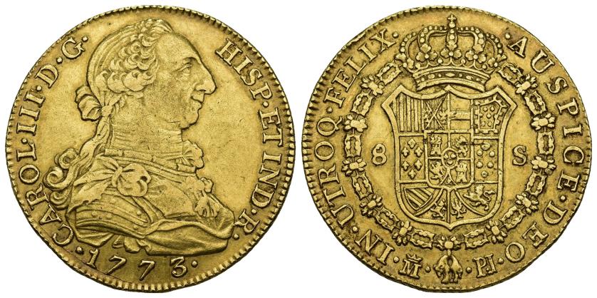 253   -  CARLOS III. 8 escudos. 1773. Madrid. PJ. AU 26,91 g. 36,3 mm. VI-1620. Golpecito en gráfila. MBC/MBC+.