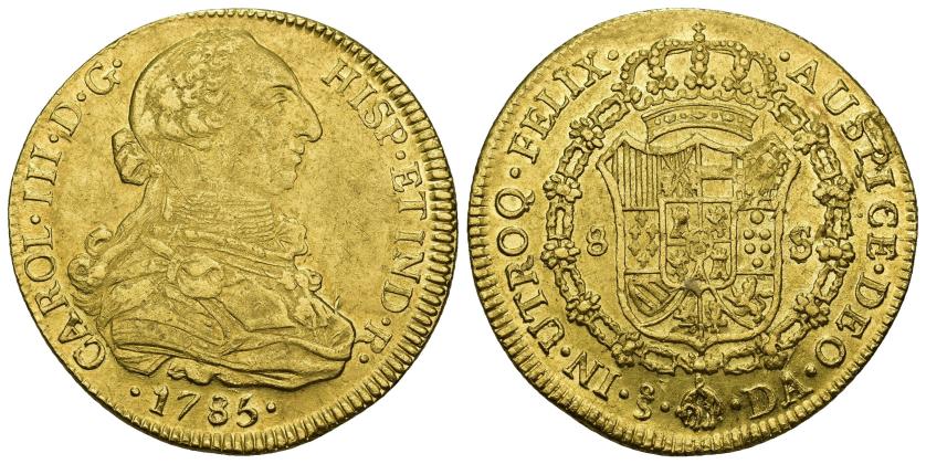 254   -  CARLOS III. 8 escudos. 1785. Santiago. DA. AU 27,03 g. 37,2 mm. VI-1768. Mínimas hojitas en rev. B.O. MBC+/EBC-. Escasa. 