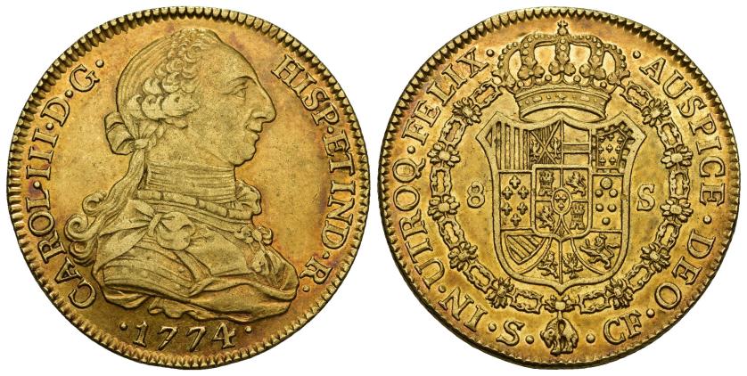 255 - CARLOS III. 8 escudos. 1774. Sevilla. CF. AU 27,05 g. 37 mm. VI-1776. R.B.O. MBC+/EBC. Rara.
