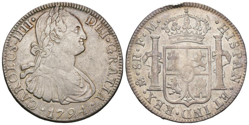 258   -  CARLOS IV. 8 reales. 1794. México. FM. AR 26,90 g. 39,2 mm. VI-790. Acuñación floja en rev. MBC.