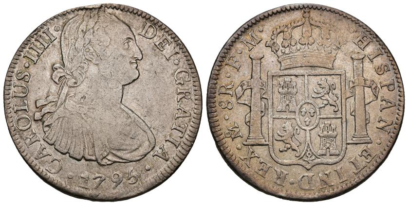 259   -  CARLOS IV. 8 reales. 1795. México. FM. AR 26,88 g. 39,4 mm. Golpe en gráfila y pequeñas marcas. MBC.