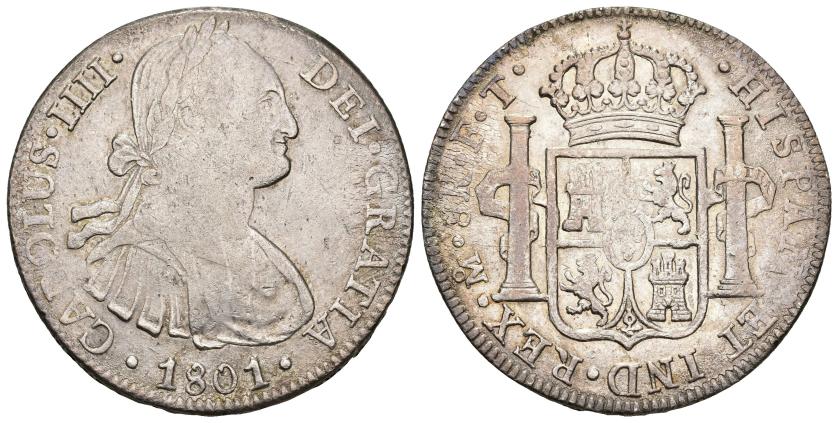 262   -  CARLOS IV. 8 reales. 1801. México. FT. AR 26,97 g. 39,5 mm. VI-798. Pequeñas marcas. MBC-/MBC.