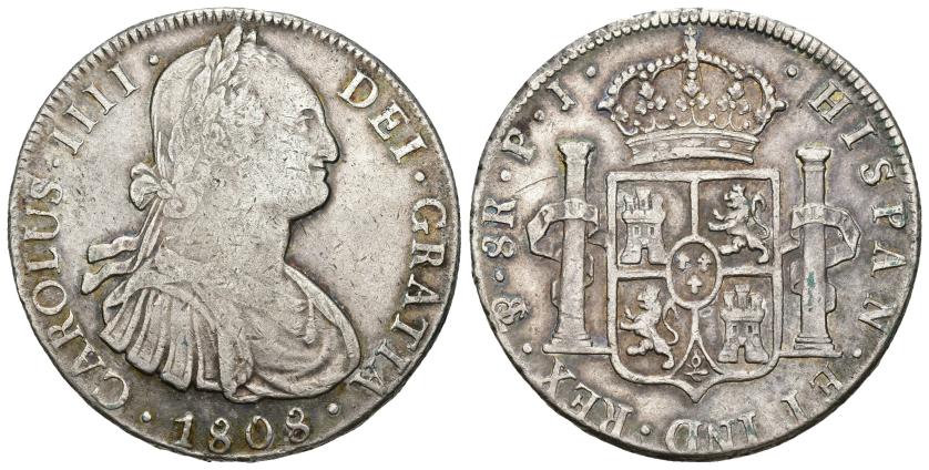 265   -  CARLOS IV. 8 reales. 1808. Potosí. PJ. AR 26,81 g. 39,4 mm. VI-828. MBC-/MBC.
