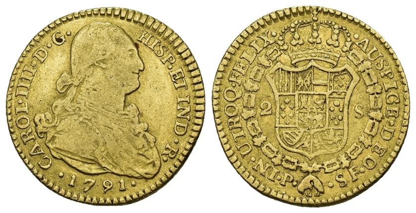 272   -  CARLOS IV. 2 escudos. 1791. Popayán. SF. AU 6,67 g. 21,7 mm. VI-1104. MBC-.
