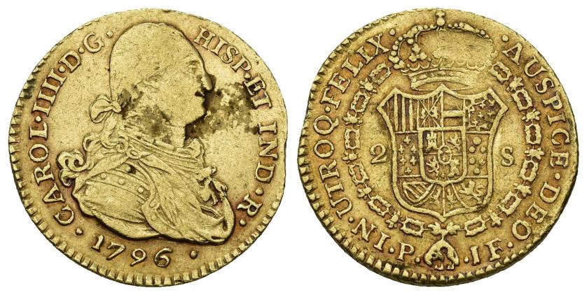 273   -  CARLOS IV. 2 escudos. 1796. Popayán. JF. AU 6,73 g. 22 mm. VI-1107. Defecto de cospel. Vano en rev. MBC-/MBC.