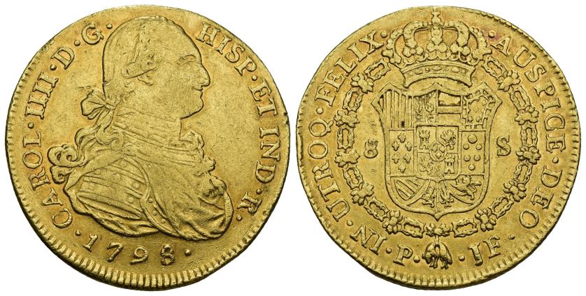 274   -  CARLOS IV. 8 escudos. 1798. Popayán. JF. AU 26,98 g. 37,4 mm. Golpecito en gráfila. R.B.O.