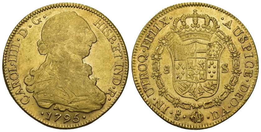 275   -  CARLOS IV. 8 escudos. 1795. Santiago. DA. AU 27,04 g. 37,2 mm. VI-1419. R.B.O. MBC+/EBC-.
