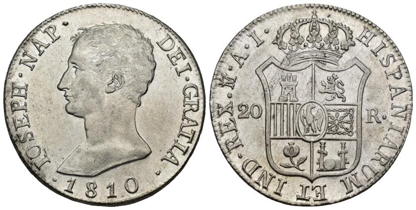 276   -  JOSÉ I BONAPARTE. 20 reales. 1810. Madrid. AI. AR 26,72 g. 39,6 mm. VI-31. SC.