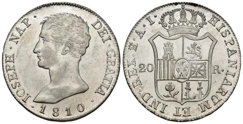 277   -  JOSÉ I BONAPARTE. 20 reales. 1810. Madrid. AI. AR 27,32 g. 39,4 mm. VI-31. SC.