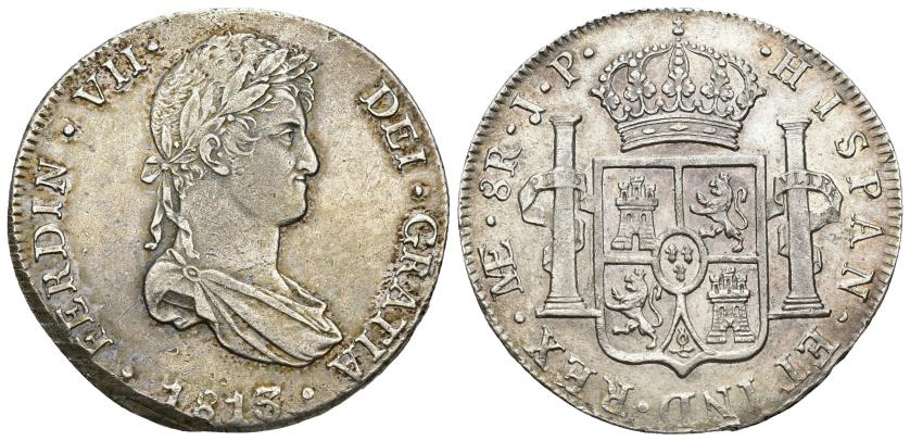 285   -  FERNANDO VII. 8 reales. 1813. Lima. JP. AR 27,54 g. 39,1 mm. VI-1044. Defecto de cospel en gráfila del anv. EBC-/EBC.