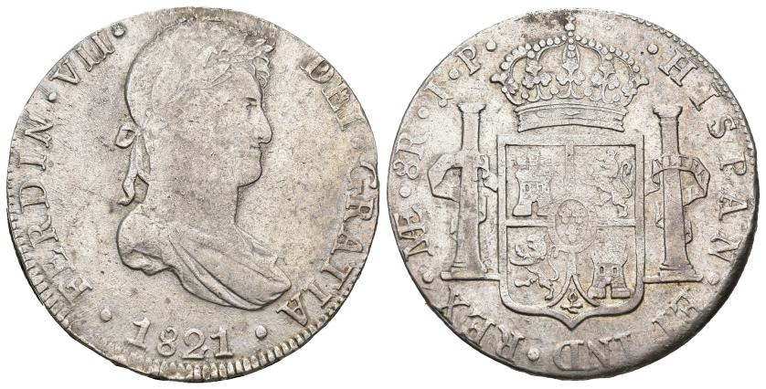 286   -  FERNANDO VII. 8 reales. 1821. Lima JP. AR 26,98 g. 38,1 mm. VI-1052. Acuñación floja en rev. MBC-.