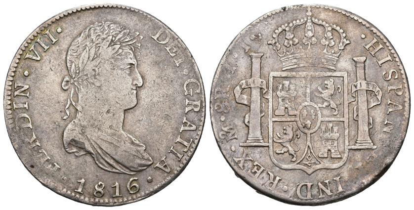 287   -  FERNANDO VII. 8 reales. 1816. México. JJ. AR 26,83 g. 39 mm. VI-1096. Vanos en leyenda. MBC-. 