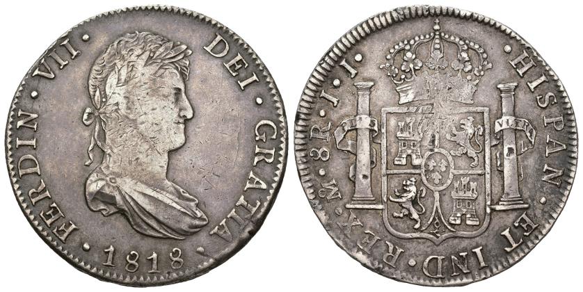288   -  FERNANDO VII. 8 reales. 1818. México. JJ. AR 26,81 g. 39,5 mm. VI-1098. Pequeñas marcas. Vanos en rev. MBC-/MBC. 