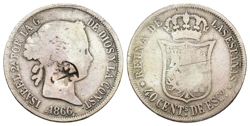 292   -  ISABEL II. Resello estrella de 10 puntas con doble acuñación dentro de círculo sobre 40 céntimos de escudo, 1866, Madrid. AR 4,83 g. 23,4 mm. El resello BC+.