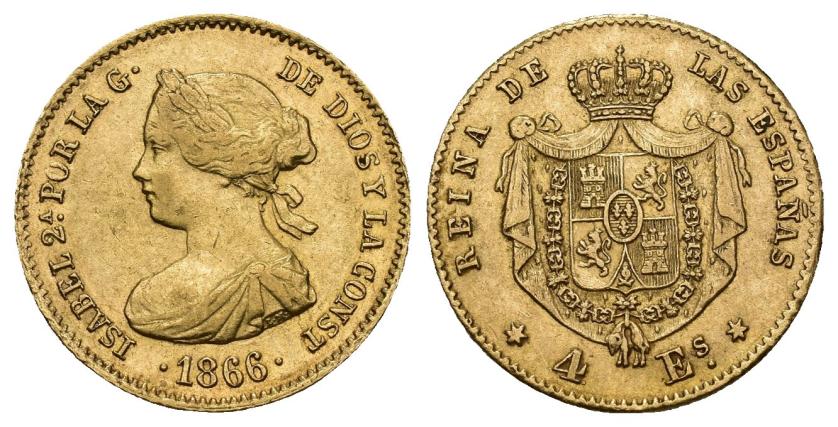 294   -  ISABEL II. 4 escudos. 1866. Madrid. AU 3,35 g. 17,9 mm. VI-571. MBC+.