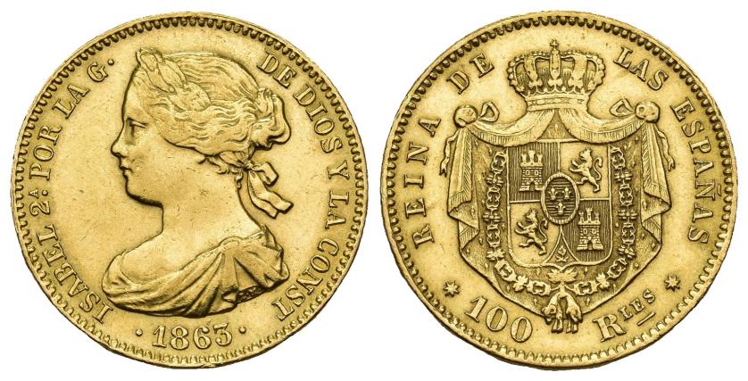 295   -  ISABEL II. 100 reales. 1863. Sevilla. AU 8,39 g. 22,1 mm. VI-663. Limpiada. MBC+. Rara.