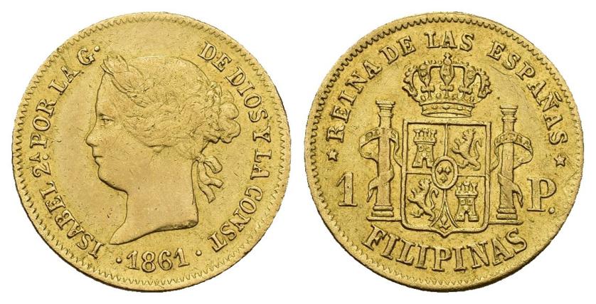 296   -  ISABEL II. 1 peso. 1861. M;anila. AU 1,66 g. 15,3 mm. VI-671. R.B.O. MBC+/EBC-.