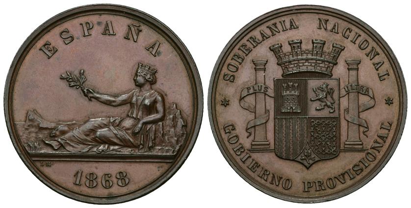 297   -  GOBIERNO PROVISIONAL. Medalla. 1868. Madrid. CU 24,65 g. 37 mm. Pátina chocolate. SC.