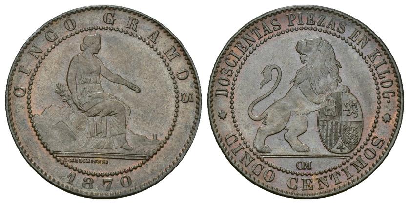 299   -  GOBIERNO PROVISIONAL. 5 céntimos. 1870. Barcelona. OM. AE 5,21 g. 25,1 mm.  VII-3. R.B.O. EBC+.