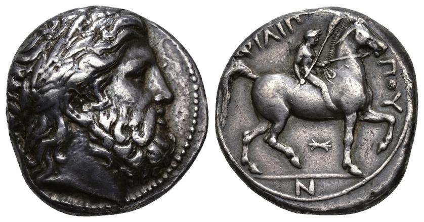 30   -  GRECIA ANTIGUA. MACEDONIA. Filipo II. Tetradracma. A/ Cabeza de Zeus a der. R/ Jinete con palma a der., debajo haz de rayos, en exergo N; FILIPPOU. AR 14,42 g. 23,2 mm. COP-556 vte. SBG-6680 vte. MBC+.