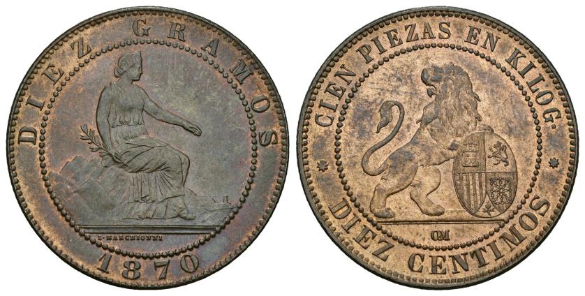 300   -  GOBIERNO PROVISIONAL. 10 céntimos. 1870. Barcelona. OM. AE 10,83 g. 30,2 mm. VII-4. R.B.O. EBC+.