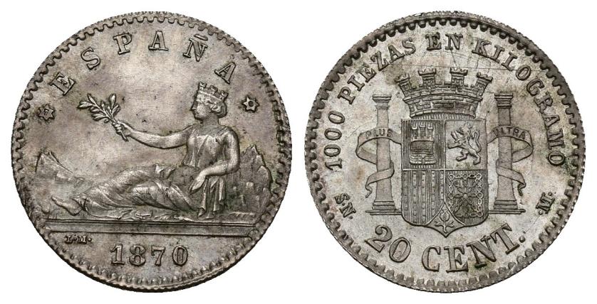 301   -  GOBIERNO PROVISIONAL. 20 céntimos. 1870 *7-0. Madrid. SNM. AR 1,01 g. 16 mm. VII-9. R.B.O. EBC/EBC+. Rara.