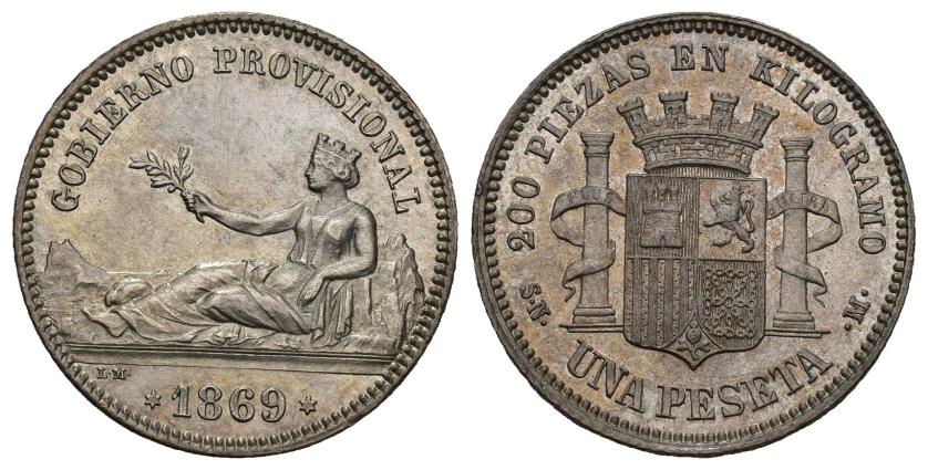 302   -  GOBIERNO PROVISIONAL. 1 peseta. 1869. Madrid. SNM. AR 5,04 g. 23,1 mm. VII-12. B.O. EBC/EBC+.