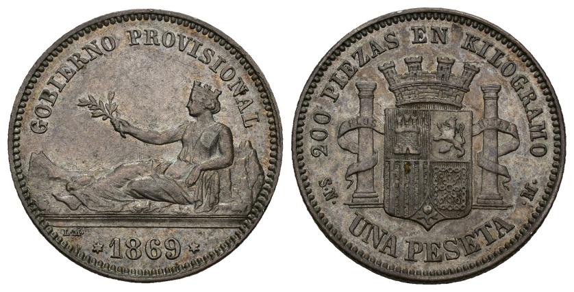 303   -  GOBIERNO PROVISIONAL. 1 peseta. 1869. Madrid. SNM. AR 5,02 g. 22,9 mm. VII-12. R.B.O. EBC/EBC-.