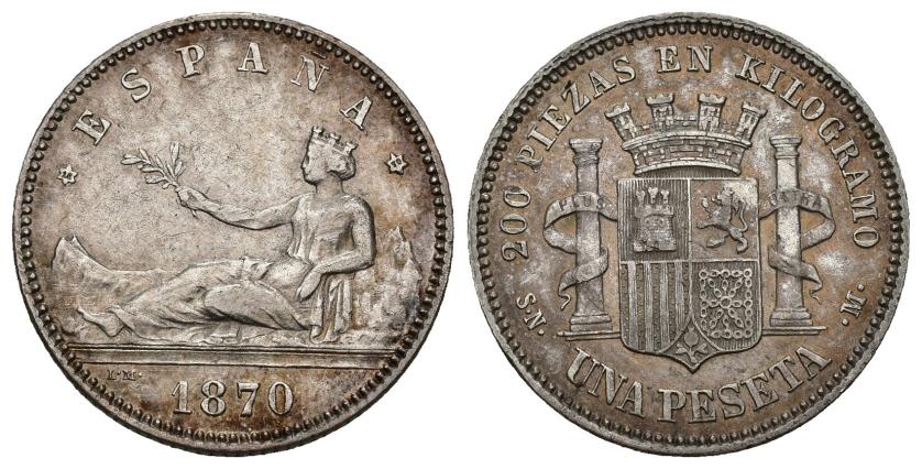 304   -  GOBIERNO PROVISIONAL. 1 peseta. 1870 *18-70. Madrid. SNM. AR 4,96 g. 22,9 mm. VII-14. MBC+/EBC-.