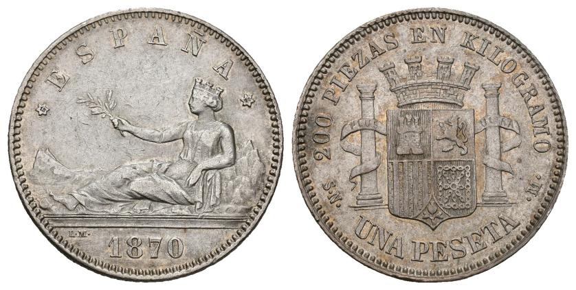 305   -  GOBIERNO PROVISIONAL. 1 peseta. 1870 *18-70. Madrid. SNM. AR 4,94 g. 22,9 mm. VII-14. EBC-/MBC-.