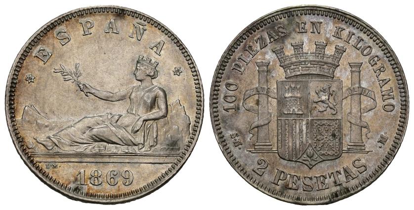 307   -  GOBIERNO PROVISIONAL. 2 pesetas. 1869*18-69. Madrid. SNM. AR 10,05 g. 27,1 mm. VII-16. R.B.O. EBC/EBC-.