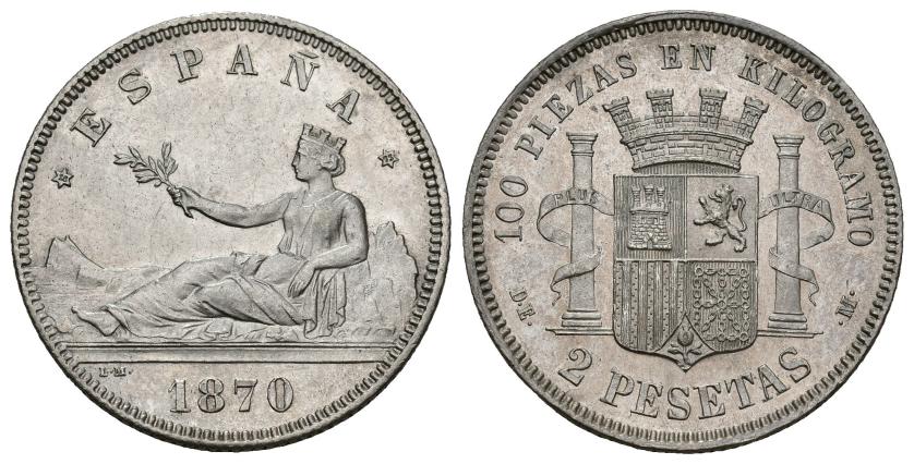 309   -  GOBIERNO PROVISIONAL. 2 pesetas. 1870*18-73. Madrid. DEM. AR 10,05 g. 27 mm. VII-18. B.O.  SC.