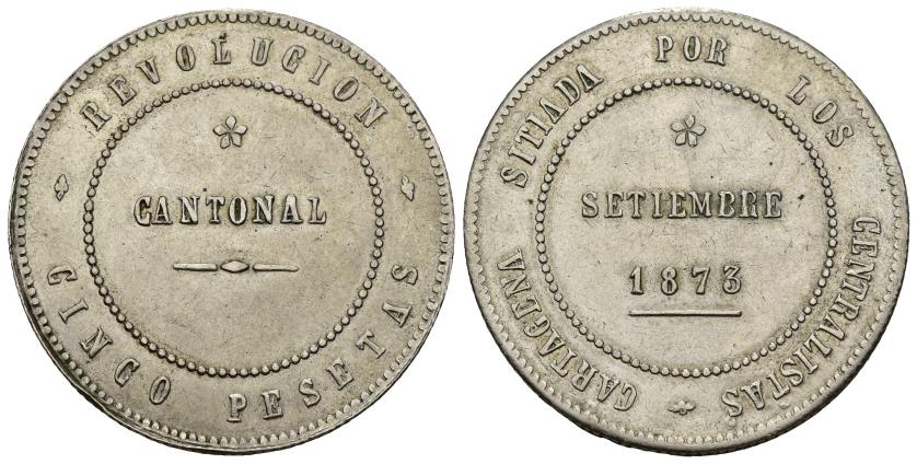 313   -  REVOLUCIÓN CANTONAL. 5 pesetas. 1873. Cartagena. Coincidente sobre eje horizontal. AR 28,83 g. 37,2 mm. VII-29. EBC-.