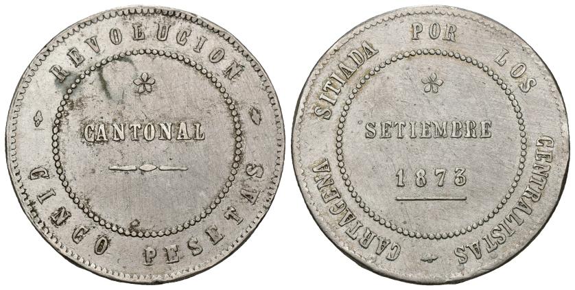 314   -  REVOLUCIÓN CANTONAL. 5 pesetas. 1873. Cartagena. Coincidente sobre eje horizontal. AR 28,55 g. 37,3 mm. VII-29. Golpecitos en canto. MBC+.