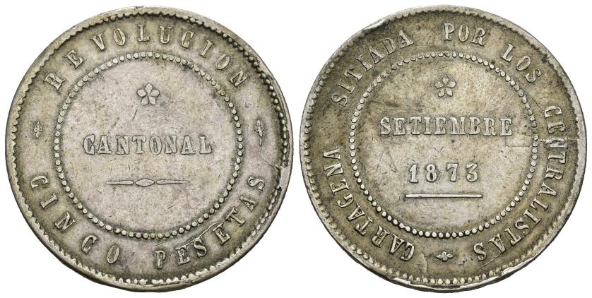 315   -  REVOLUCIÓN CANTONAL. 5 pesetas. 1873. Cartagena. Rev. no coincidente sobre eje horizontal. AR 27,91 g. 37,3 mm. VII-30. Golpecitos en canto. MBC-/MBC.