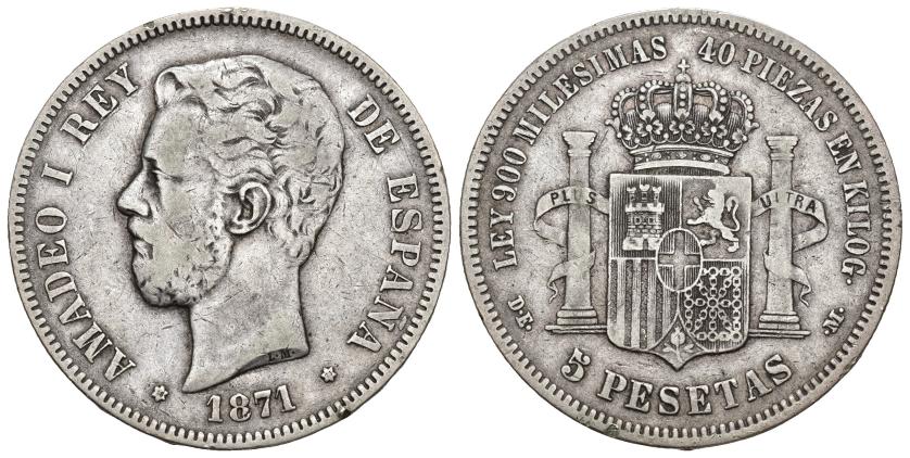 318   -  AMADEO I. 5 pesetas. 1871 *18-73. Madrid. DEM. AR 24,63 g. 37,2 mm. VII-34. MBC-. Muy escasa.