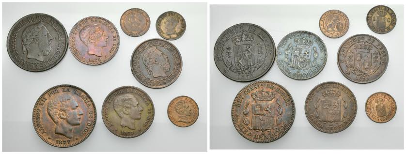 320   -  ALFONSO XII. Lote de 8 monedas de Alfonso XII -1 céntimo (1870, 1906 SLV y 1913); 5 céntimos (1877 y 1878), 10 céntimos (1877)- y Carlos VII (5 y 10 céntimos de 1875). 4 de ellas con R.B.O. MBC-/SC.