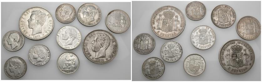 321   -  ALFONSO XII. Lote de 10 monedas: 5 pts. (1871*74, y 75), 2 pts. (1870*70, 1879 y 1881), 1 pta. (1881, 1882, 1893, 1901 y 1933). De BC+ a SC.