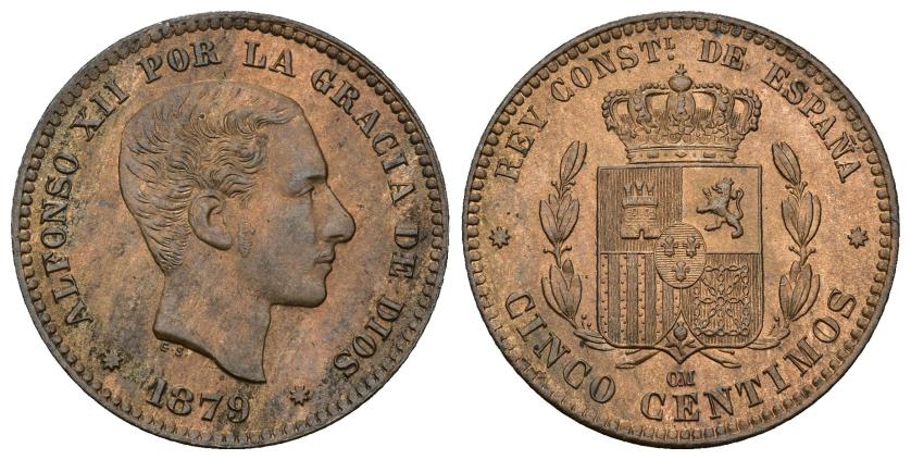 322   -  ALFONSO XII. 5 céntimos. 1879. Barcelona. OM. CU 4,90 g. 25,1 mm. VII-44. B.O. SC.