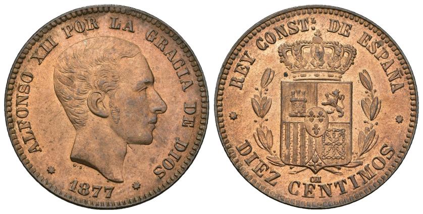 323   -  ALFONSO XII. 10 céntimos. 1877. Barcelona. OM. Cu 9,94 g. 30,2 mm. VII-45. Pleno B.O. SC.