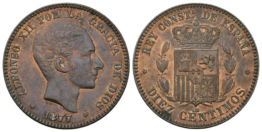 324   -  ALFONSO XII. 10 céntimos. 1877. Barcelona. OM. Cu 10,12 g. 30,1 mm. VII-45. R. B.O. EBC.