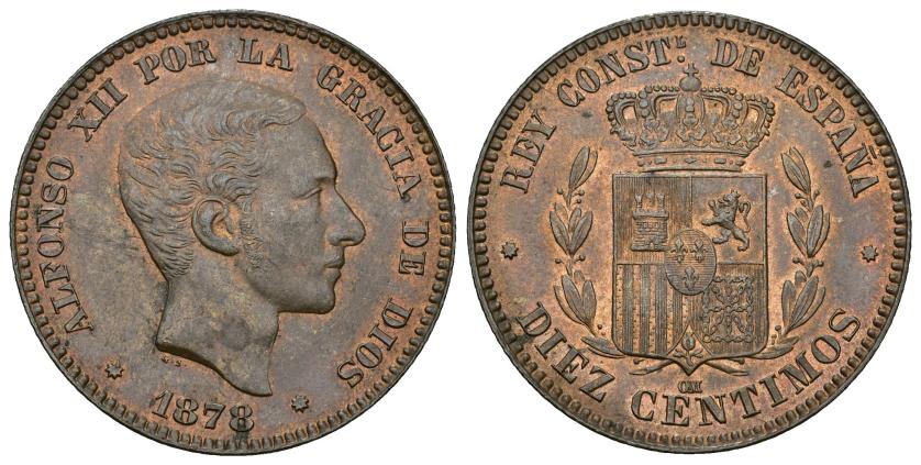 325   -  ALFONSO XII. 10 céntimos. 1878. Barcelona. OM. Cu 10,24 g. 30,2 mm. VII-46. B.O. EBC+.
