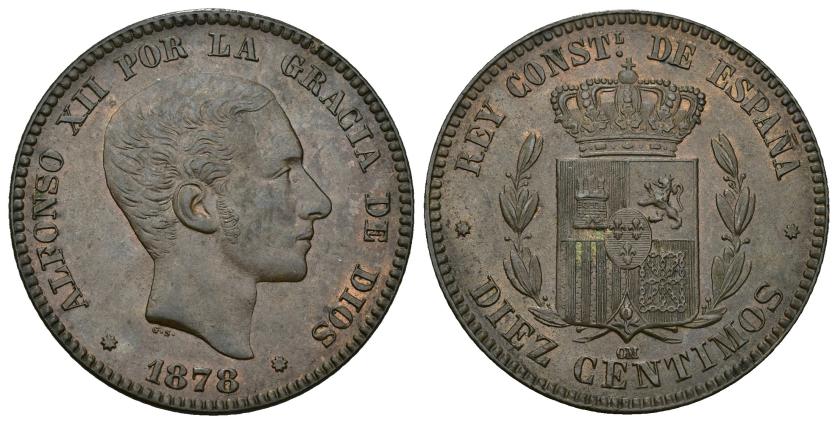 326   -  ALFONSO XII. 10 céntimos. 1878. Barcelona. OM. Cu 10,06 g. 30,2 mm. VII-46. R.B.O. EBC+.