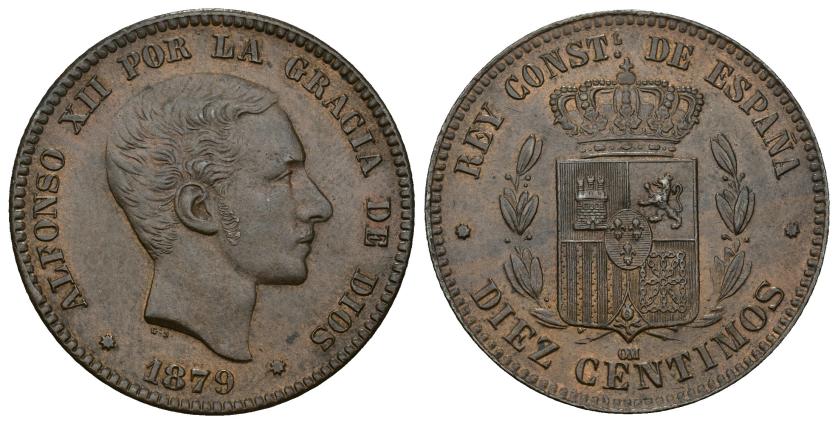 327   -  ALFONSO XII. 10 céntimos. 1879. Barcelona. OM. Cu 9,98 g. 30,2 mm. VII-47. R.B.O. EBC+.
